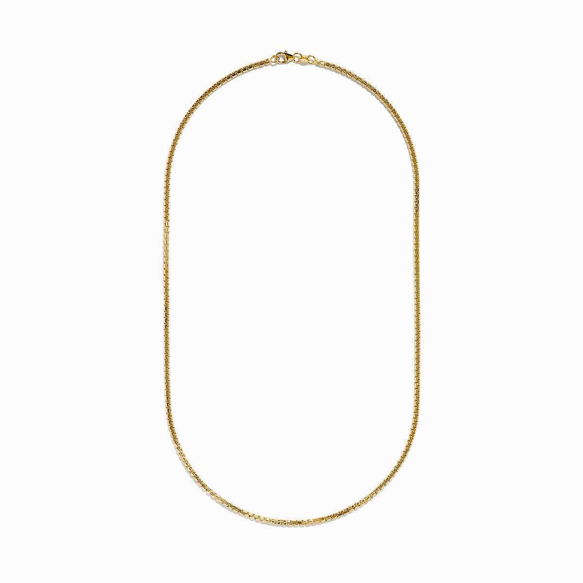 The Men's 14K Yellow Gold Hollow Round Box 20" Necklace features closely linked rectangular gold links in a smooth, elegant curve, shown against a white background.