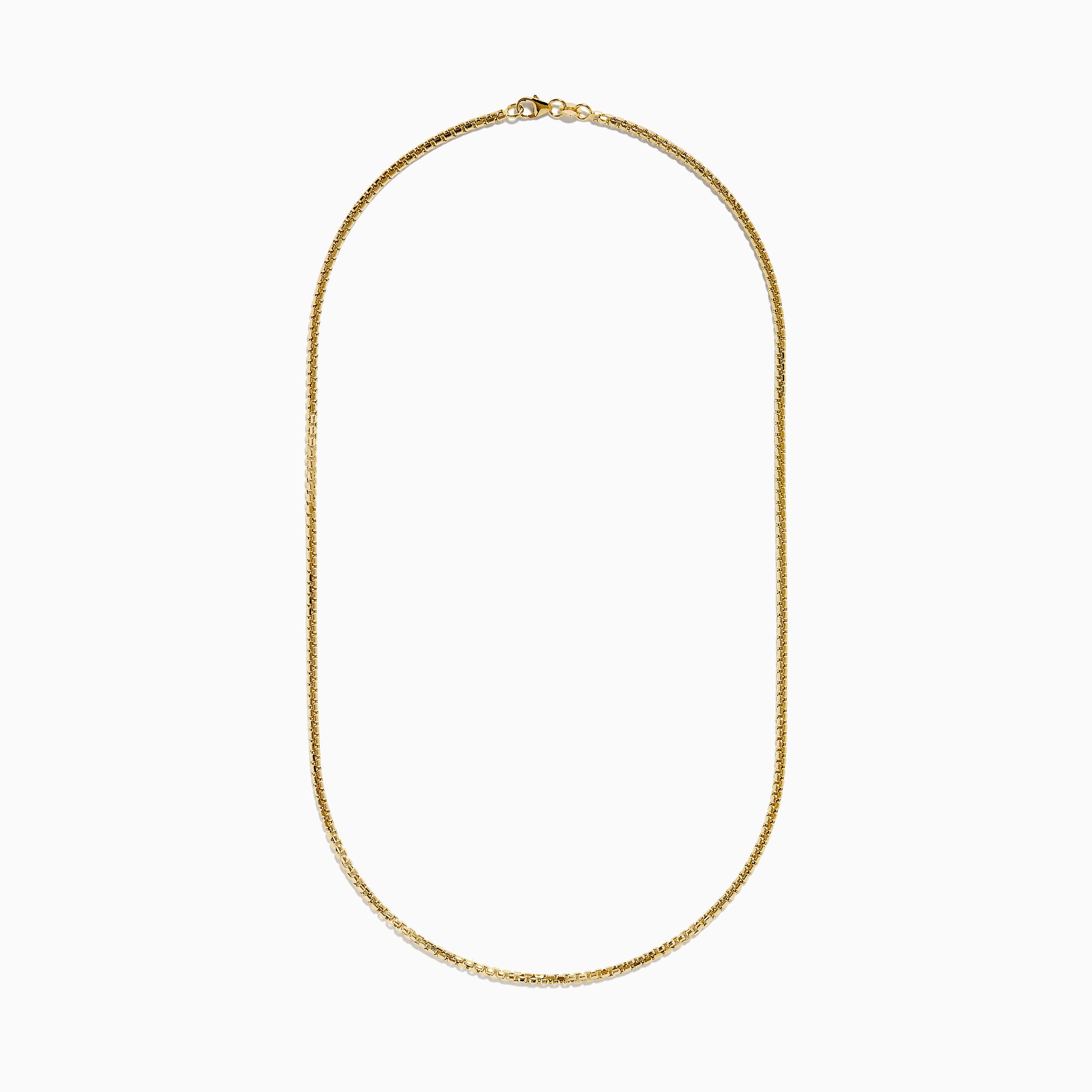 The Men's 14K Yellow Gold Hollow Round Box 20" Necklace features closely linked rectangular gold links in a smooth, elegant curve, shown against a white background.