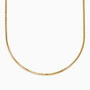 The Men's 14K Yellow Gold Hollow Round Box 20" Necklace features closely linked rectangular gold links in a smooth, elegant curve, shown against a white background.