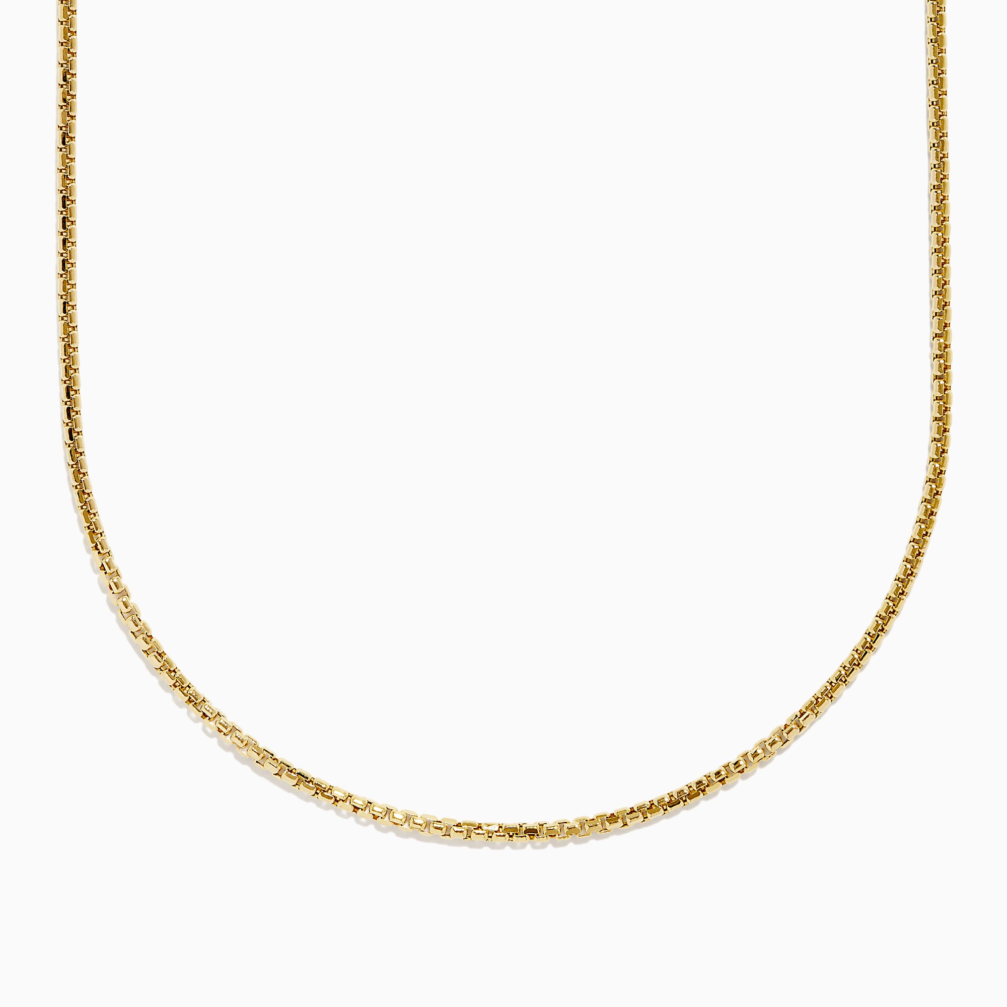 The Men's 14K Yellow Gold Hollow Round Box 20" Necklace features closely linked rectangular gold links in a smooth, elegant curve, shown against a white background.