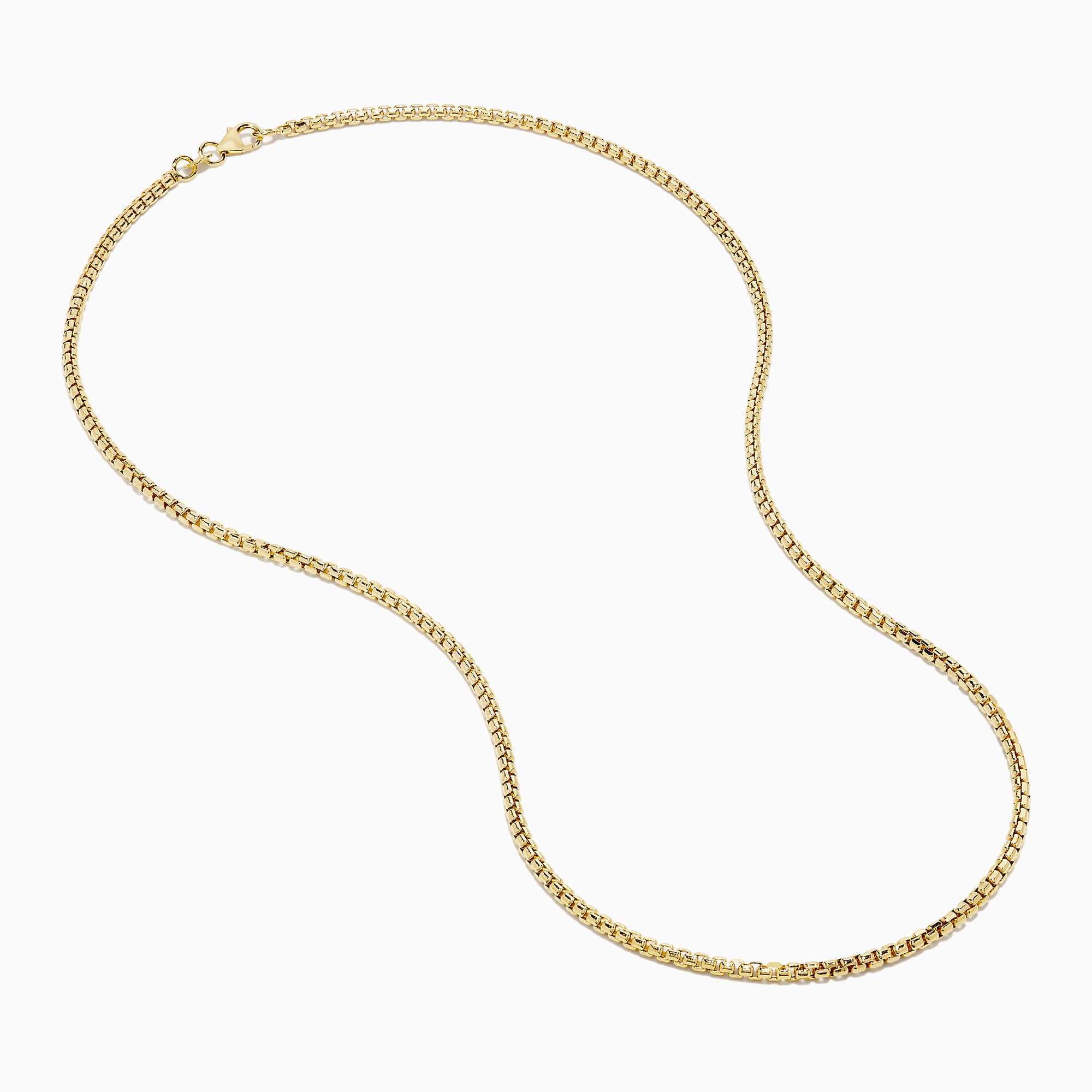 The Men's 14K Yellow Gold Hollow Round Box 20" Necklace features closely linked rectangular gold links in a smooth, elegant curve, shown against a white background.