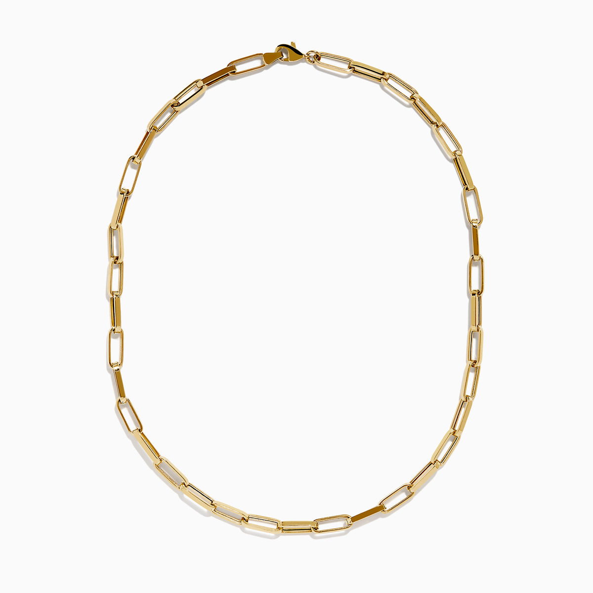 The 14K Yellow Gold Hollow Paperclip Necklace features rectangular links and is displayed on a white background.
