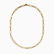 The 14K Yellow Gold Hollow Paperclip Necklace features rectangular links and is displayed on a white background.