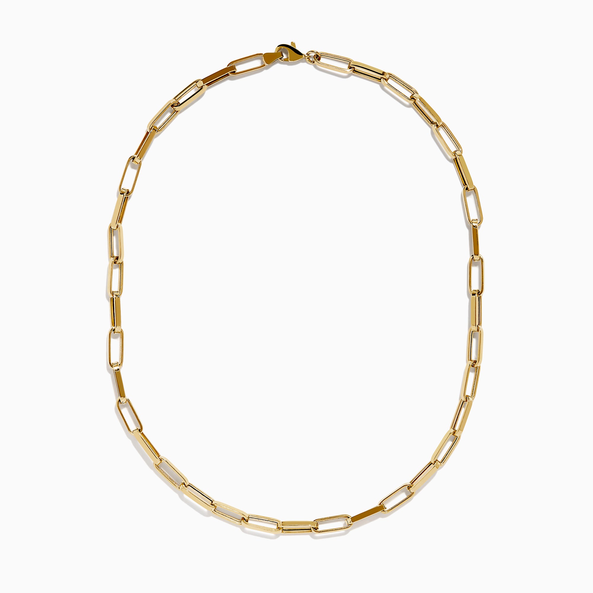 The 14K Yellow Gold Hollow Paperclip Necklace features rectangular links and is displayed on a white background.