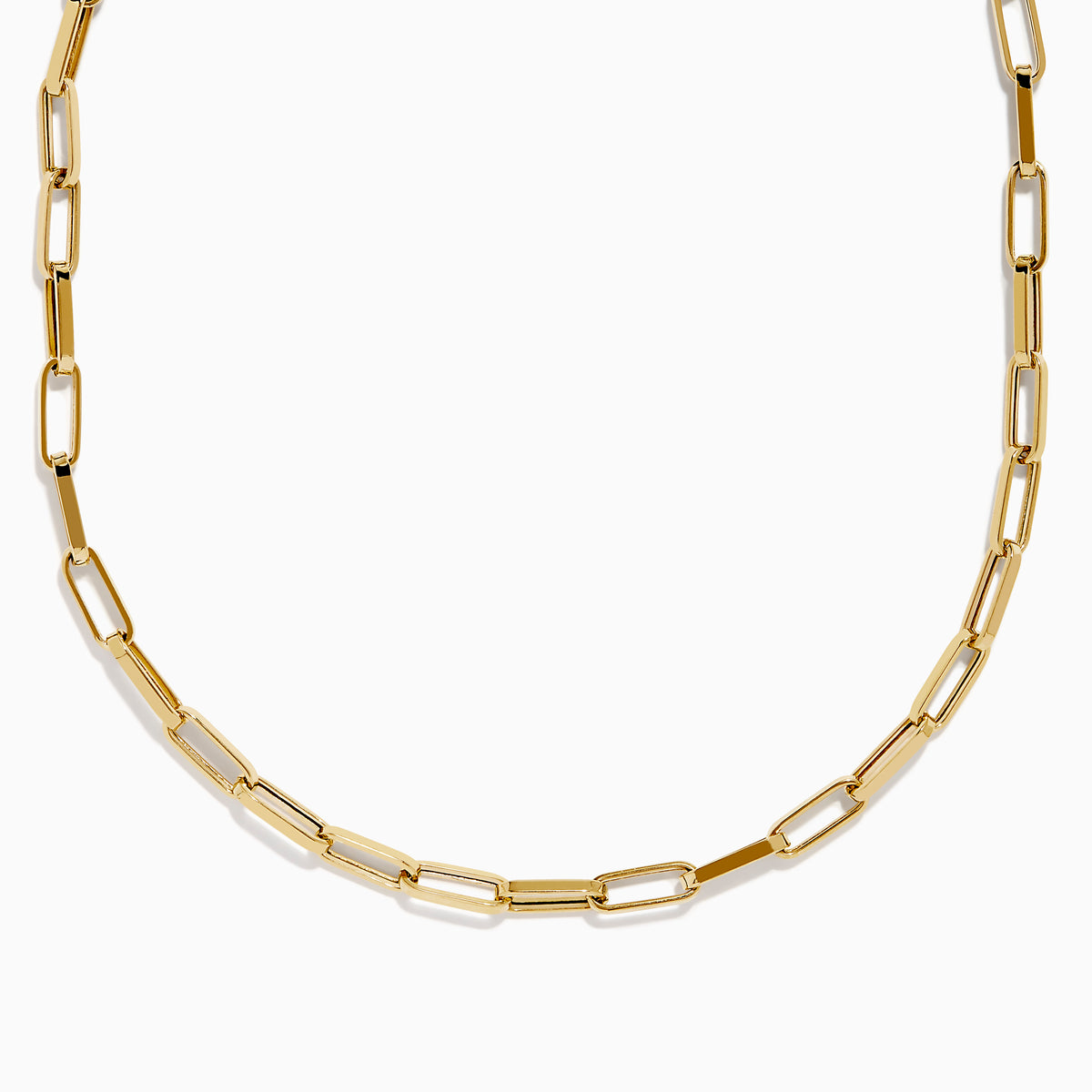 The 14K Yellow Gold Hollow Paperclip Necklace features rectangular links and is displayed on a white background.