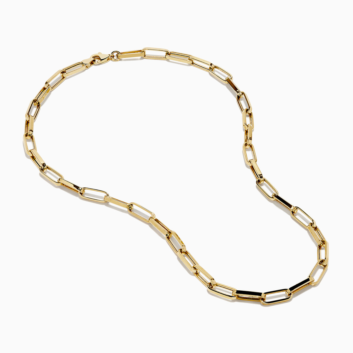The 14K Yellow Gold Hollow Paperclip Necklace features rectangular links and is displayed on a white background.