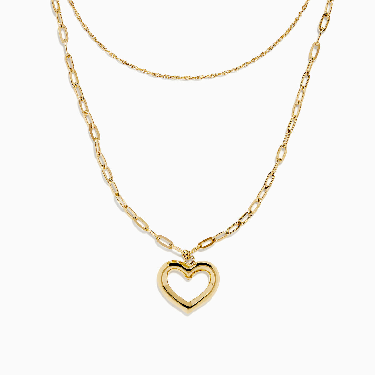 Two gold necklaces are shown: a delicate 14K yellow gold chain and the 14K Yellow Gold Stamp Heart Layered Paperclip Necklace, which features larger links and a heart-shaped pendant. Both pieces are displayed on a plain white background.