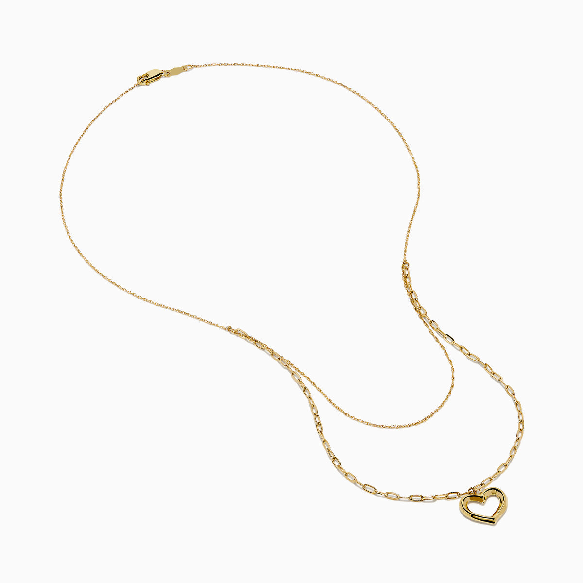 Two gold necklaces are shown: a delicate 14K yellow gold chain and the 14K Yellow Gold Stamp Heart Layered Paperclip Necklace, which features larger links and a heart-shaped pendant. Both pieces are displayed on a plain white background.