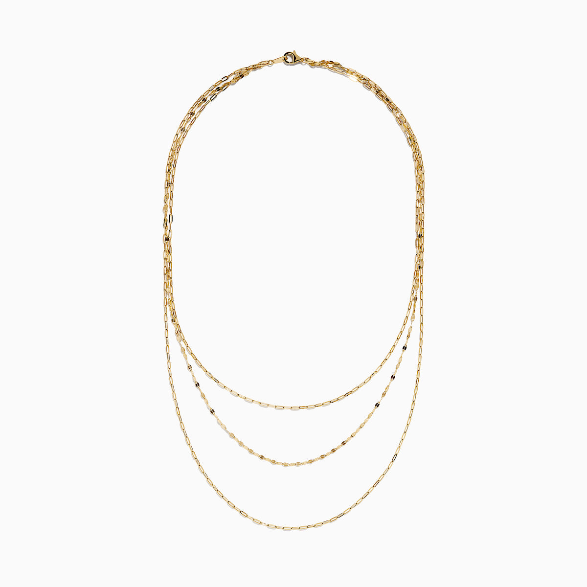 The 14K Yellow Gold Layered Chain Necklace features three delicate chains of different lengths with evenly spaced links, displayed on a white background—a perfect set for achieving effortless elegance.