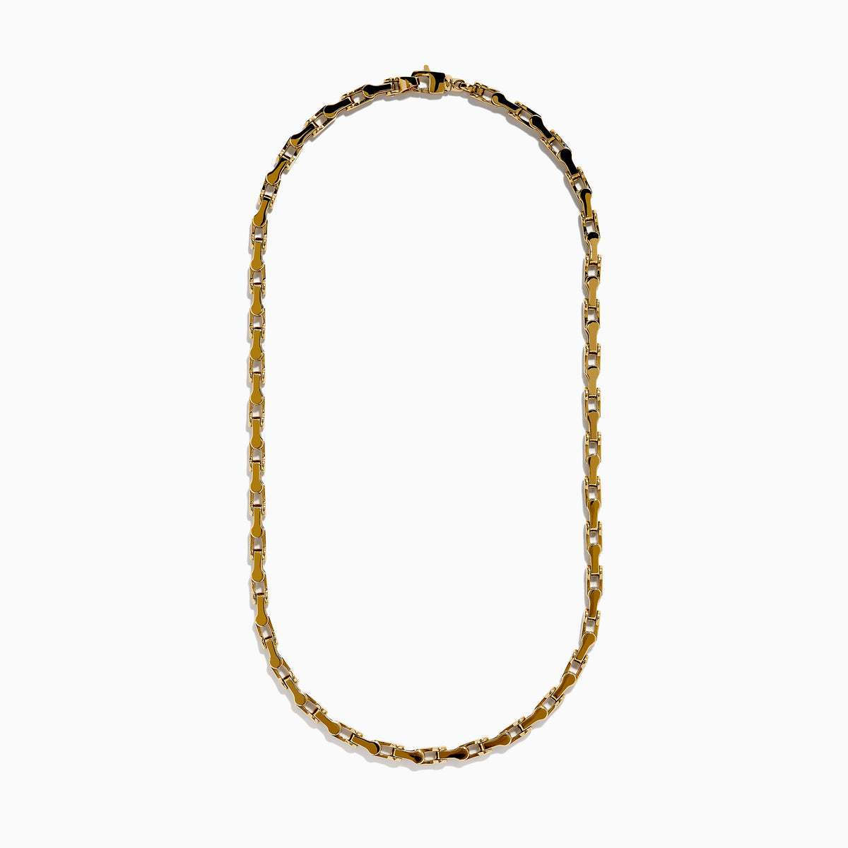 A close-up of the Men's 14K Yellow Gold 5mm Gauge Railroad Cycle Chain Necklace, 22", featuring uniquely interlocking links in yellow gold, designed for men’s jewelry, shown against a plain white background.