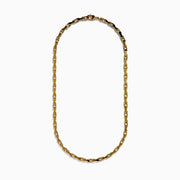 A close-up of the Men's 14K Yellow Gold 5mm Gauge Railroad Cycle Chain Necklace, 22", featuring uniquely interlocking links in yellow gold, designed for men’s jewelry, shown against a plain white background.