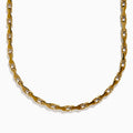 A close-up of the Men's 14K Yellow Gold 5mm Gauge Railroad Cycle Chain Necklace, 22", featuring uniquely interlocking links in yellow gold, designed for men’s jewelry, shown against a plain white background.
