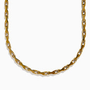 A close-up of the Men's 14K Yellow Gold 5mm Gauge Railroad Cycle Chain Necklace, 22", featuring uniquely interlocking links in yellow gold, designed for men’s jewelry, shown against a plain white background.