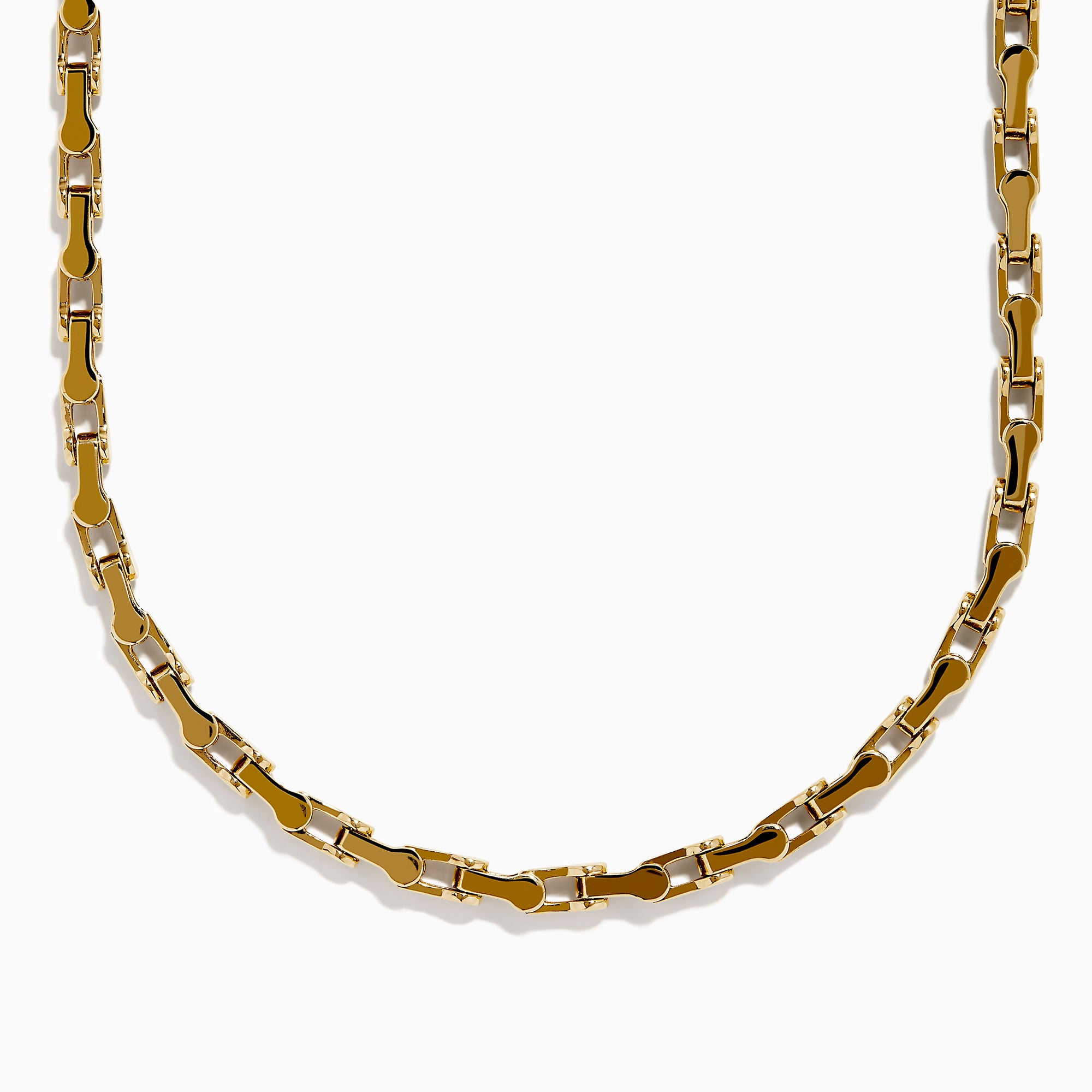 A close-up of the Men's 14K Yellow Gold 5mm Gauge Railroad Cycle Chain Necklace, 22", featuring uniquely interlocking links in yellow gold, designed for men’s jewelry, shown against a plain white background.