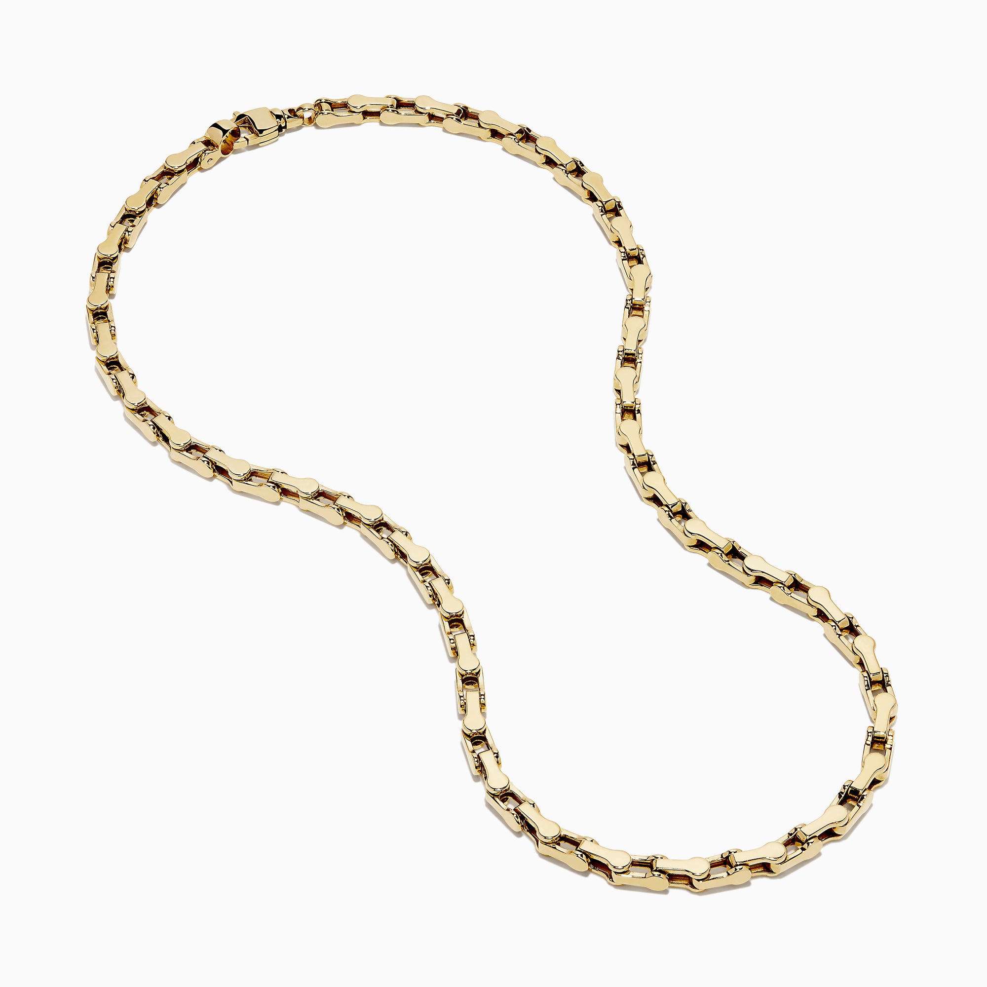 A close-up of the Men's 14K Yellow Gold 5mm Gauge Railroad Cycle Chain Necklace, 22", featuring uniquely interlocking links in yellow gold, designed for men’s jewelry, shown against a plain white background.