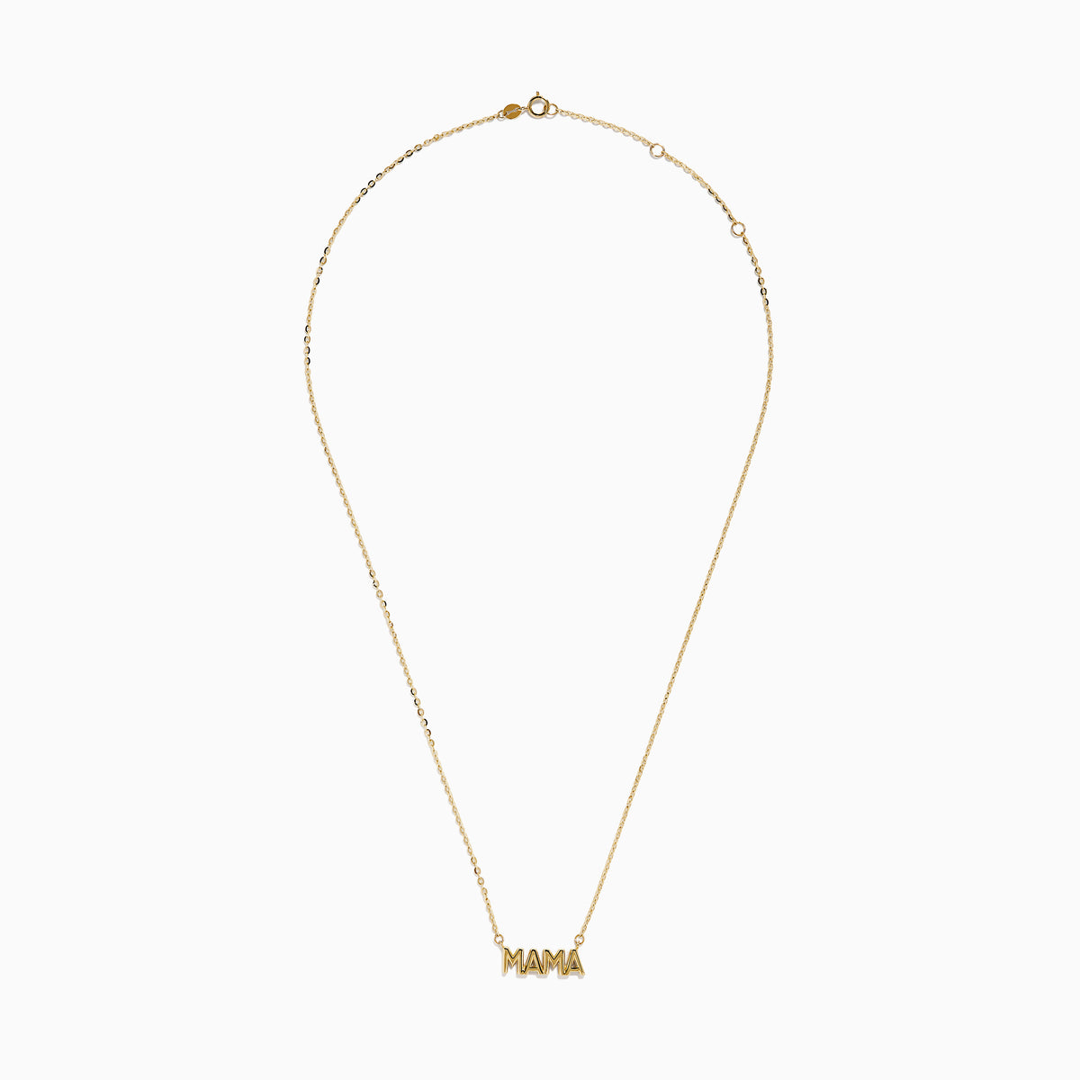 The 14K Yellow Gold MAMA Cable Chain Necklace features a bold "MAMA" pendant in capital letters on a delicate yellow gold cable chain, beautifully displayed against a white background.