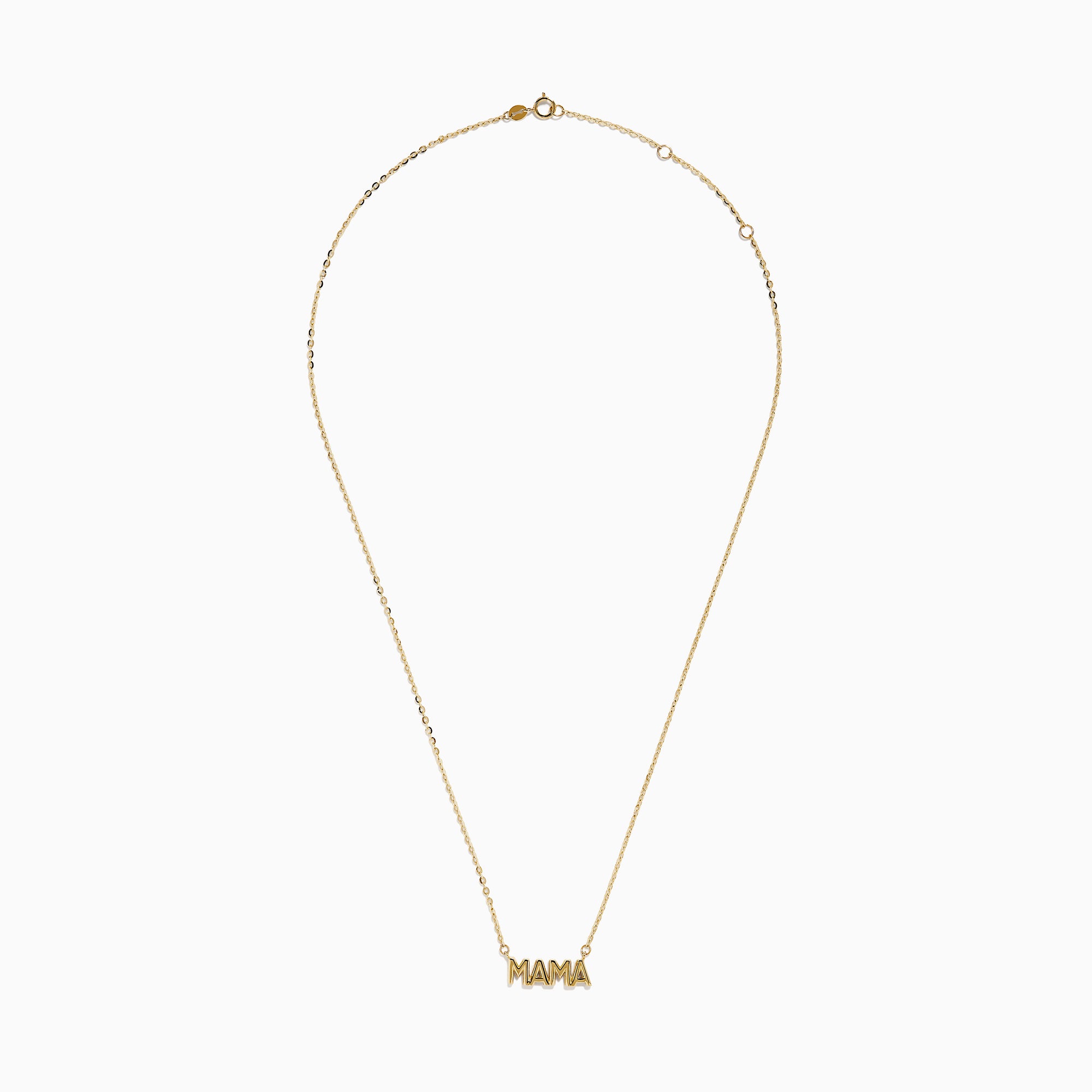 The 14K Yellow Gold MAMA Cable Chain Necklace features a bold "MAMA" pendant in capital letters on a delicate yellow gold cable chain, beautifully displayed against a white background.