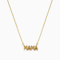 The 14K Yellow Gold MAMA Cable Chain Necklace features a bold "MAMA" pendant in capital letters on a delicate yellow gold cable chain, beautifully displayed against a white background.