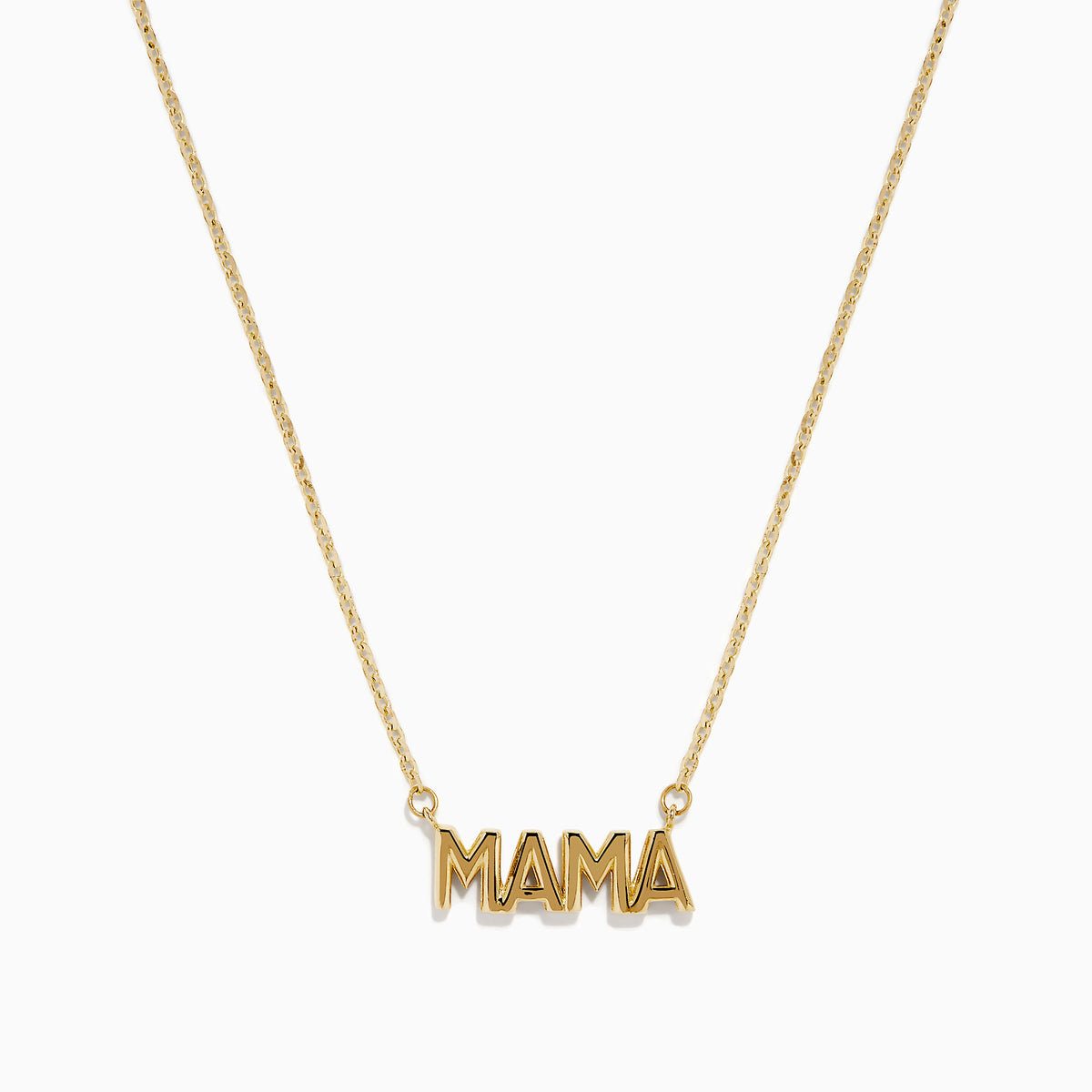The 14K Yellow Gold MAMA Cable Chain Necklace features a bold "MAMA" pendant in capital letters on a delicate yellow gold cable chain, beautifully displayed against a white background.