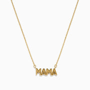 The 14K Yellow Gold MAMA Cable Chain Necklace features a bold "MAMA" pendant in capital letters on a delicate yellow gold cable chain, beautifully displayed against a white background.