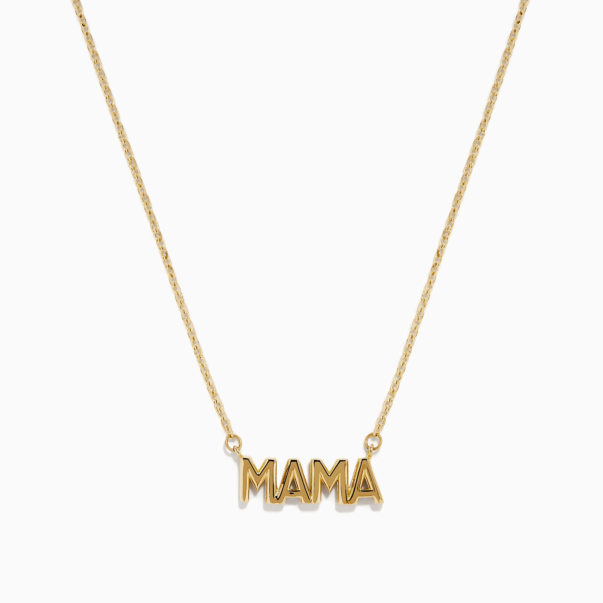 The 14K Yellow Gold MAMA Cable Chain Necklace features a bold "MAMA" pendant in capital letters on a delicate yellow gold cable chain, beautifully displayed against a white background.
