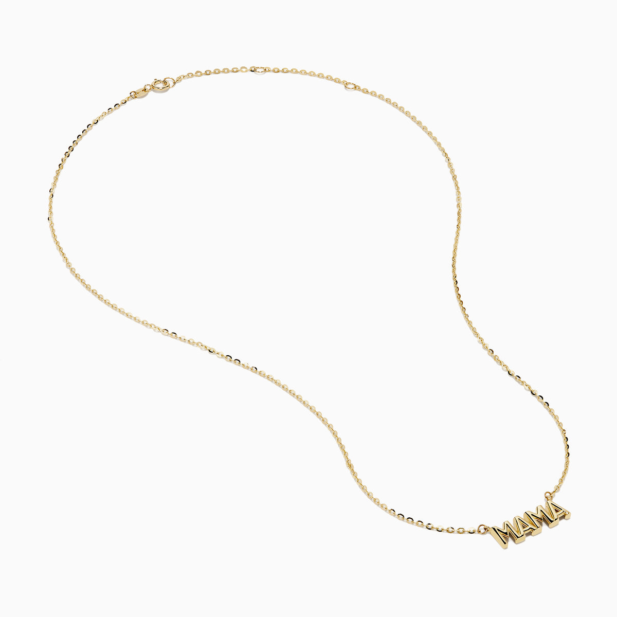 The 14K Yellow Gold MAMA Cable Chain Necklace features a bold "MAMA" pendant in capital letters on a delicate yellow gold cable chain, beautifully displayed against a white background.