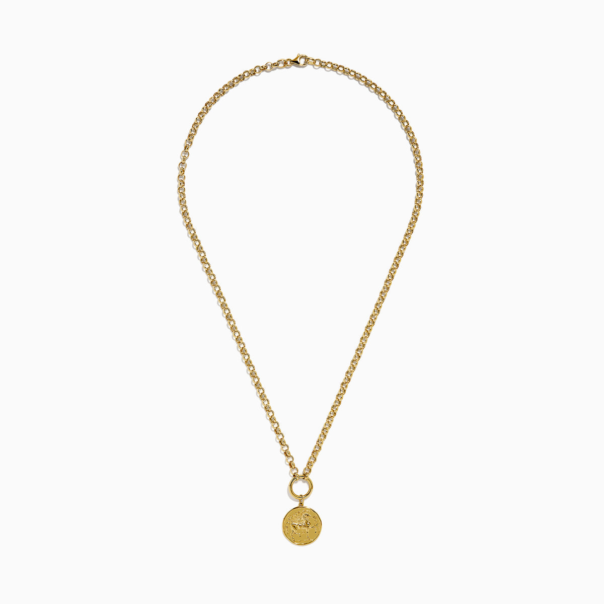 A 14K Yellow Gold Greek Horse Coin Necklace with a round pendant engraved with a horse rider, inspired by ancient coins, shown on a plain white background.