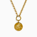 A 14K Yellow Gold Greek Horse Coin Necklace with a round pendant engraved with a horse rider, inspired by ancient coins, shown on a plain white background.