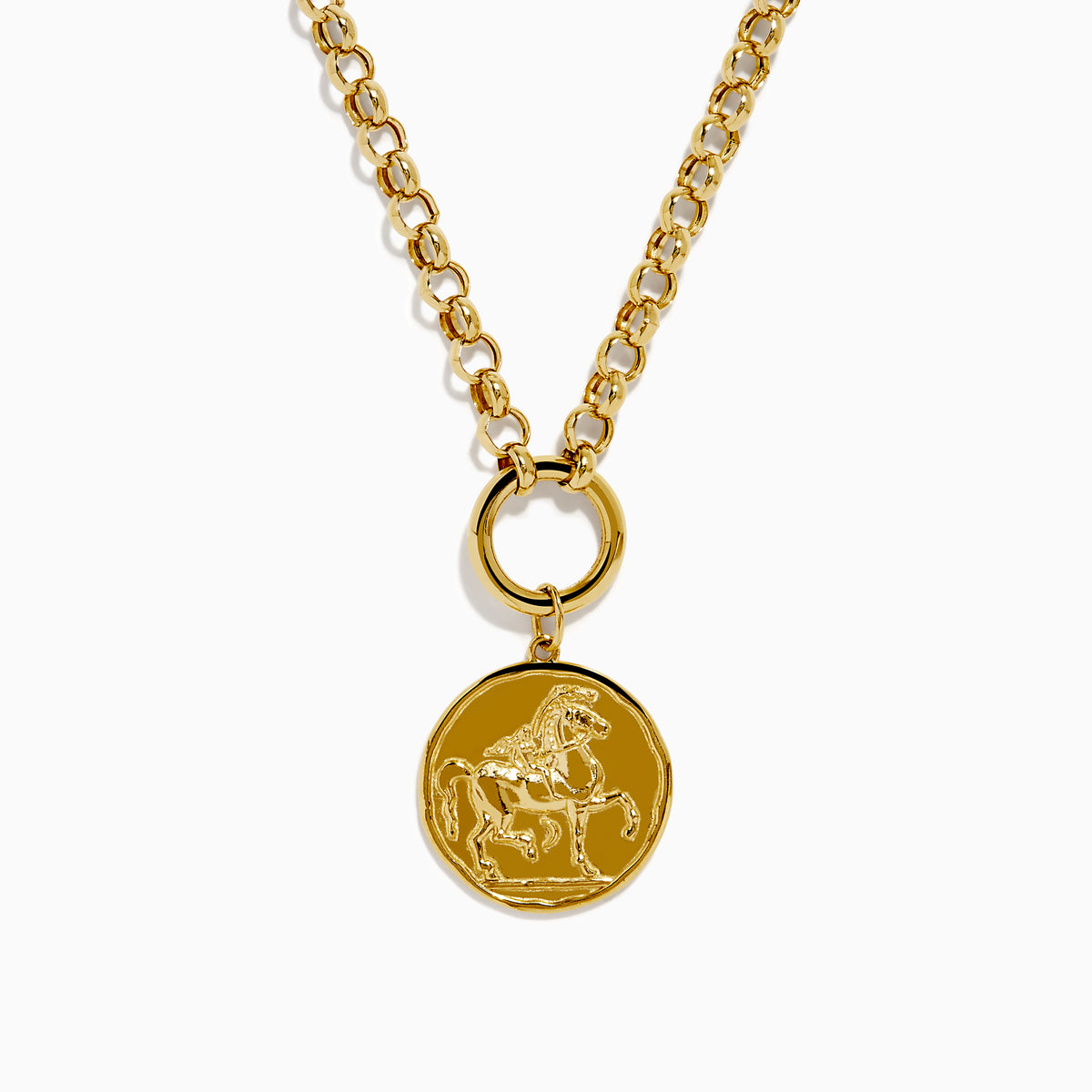 A 14K Yellow Gold Greek Horse Coin Necklace with a round pendant engraved with a horse rider, inspired by ancient coins, shown on a plain white background.