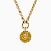 A 14K Yellow Gold Greek Horse Coin Necklace with a round pendant engraved with a horse rider, inspired by ancient coins, shown on a plain white background.