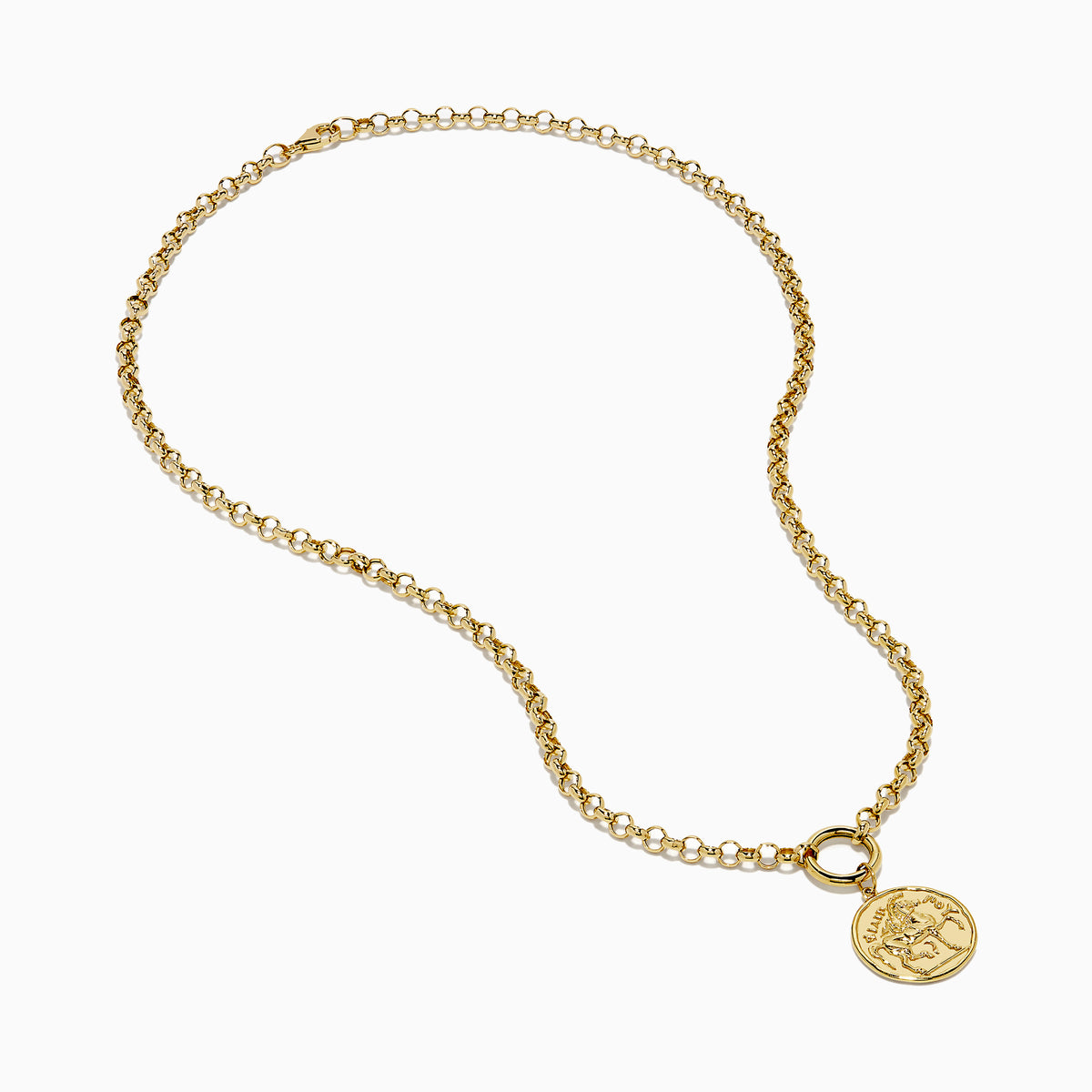 A 14K Yellow Gold Greek Horse Coin Necklace with a round pendant engraved with a horse rider, inspired by ancient coins, shown on a plain white background.