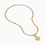 A 14K Yellow Gold Greek Horse Coin Necklace with a round pendant engraved with a horse rider, inspired by ancient coins, shown on a plain white background.