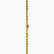 A 14K Yellow Gold Greek Horse Coin Necklace with a round pendant engraved with a horse rider, inspired by ancient coins, shown on a plain white background.