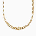 The 14K Yellow Gold Hollow Graduated Curb Chain Necklace, 18, showcases large polished interlocking links arranged in a graceful semicircle on a white background.