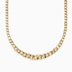 The 14K Yellow Gold Hollow Graduated Curb Chain Necklace, 18, showcases large polished interlocking links arranged in a graceful semicircle on a white background.