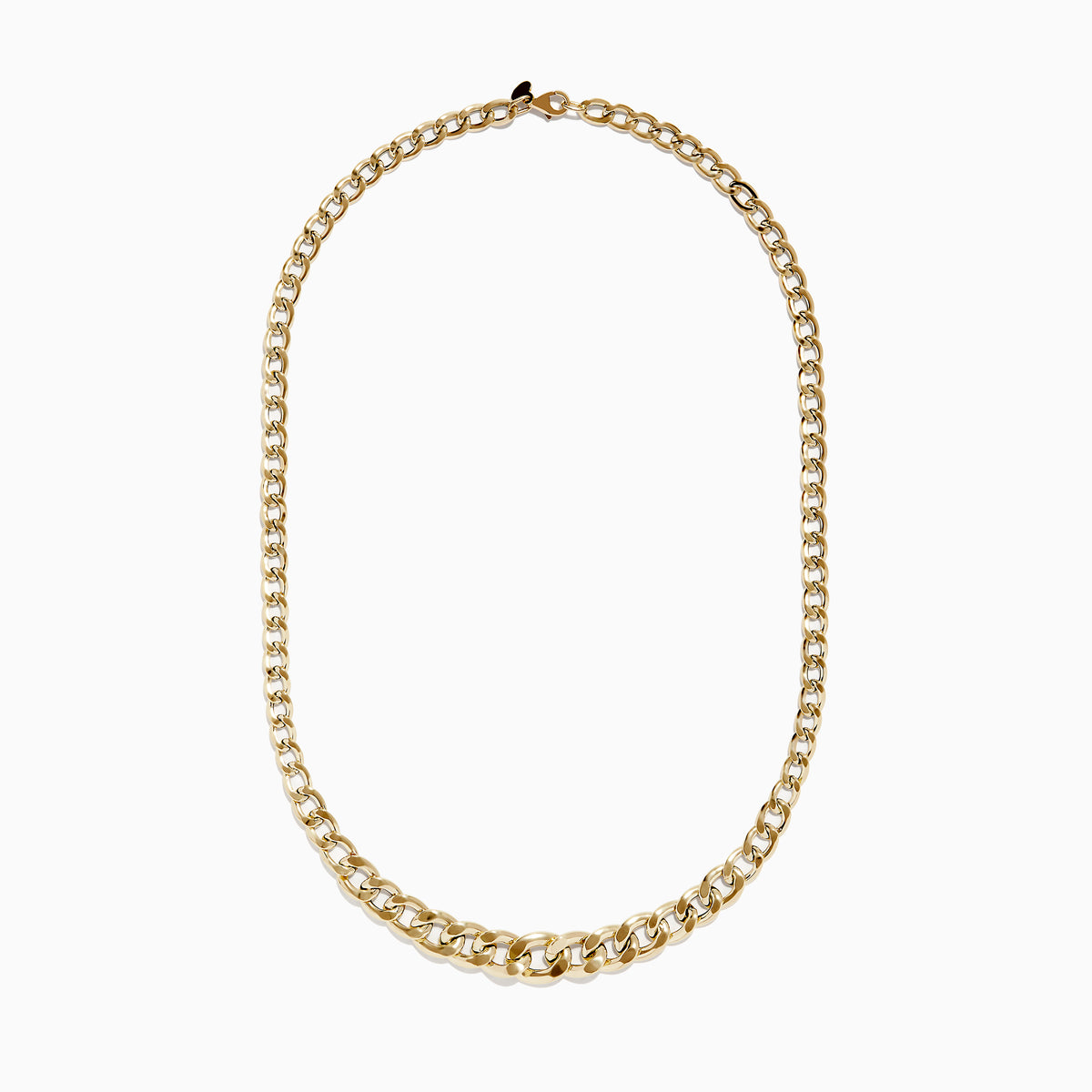 The 14K Yellow Gold Hollow Graduated Curb Chain Necklace, 18, showcases large polished interlocking links arranged in a graceful semicircle on a white background.