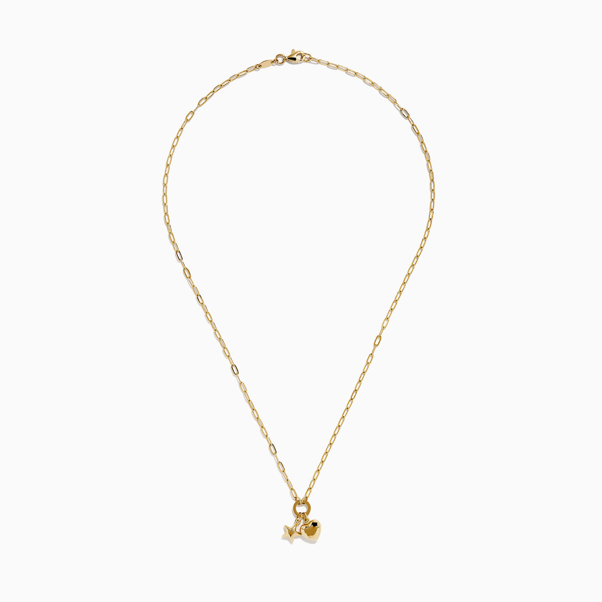 The 14K Yellow Gold Heart and Star Charm Pendant on Paperclip Necklace features elongated links and unique charms, shown on a plain white background.
