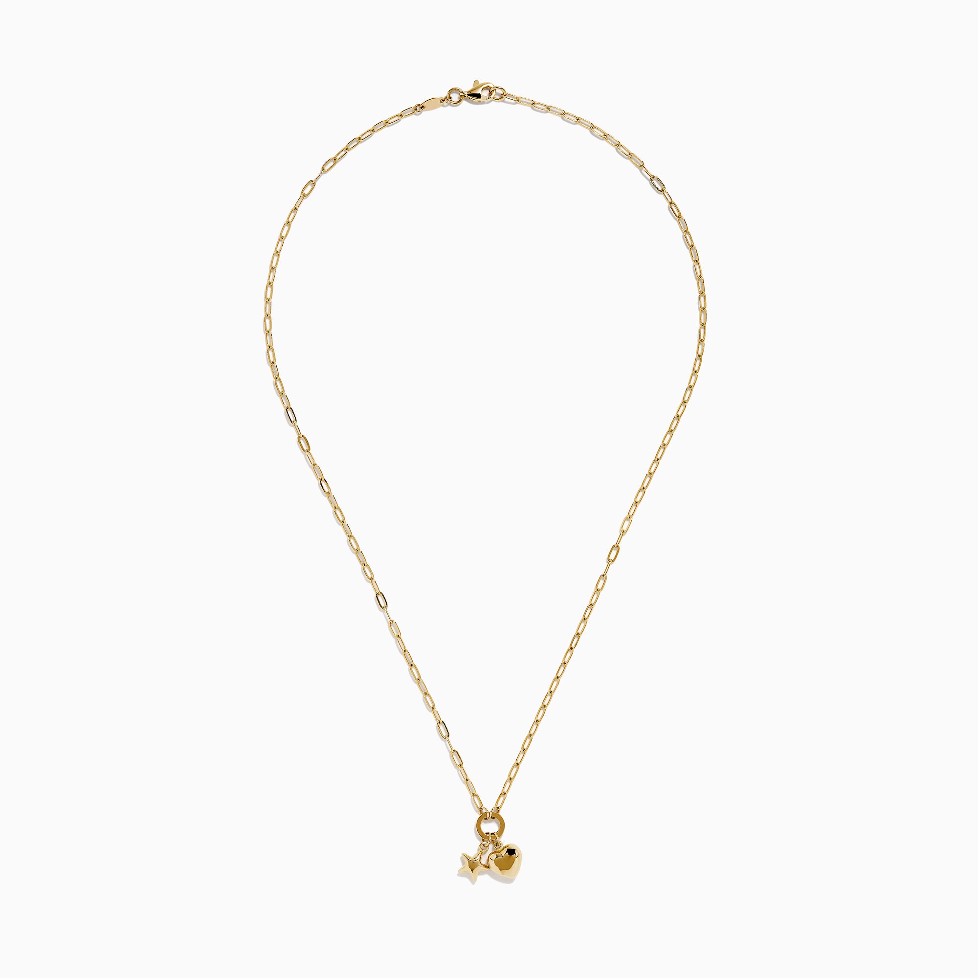The 14K Yellow Gold Heart and Star Charm Pendant on Paperclip Necklace features elongated links and unique charms, shown on a plain white background.