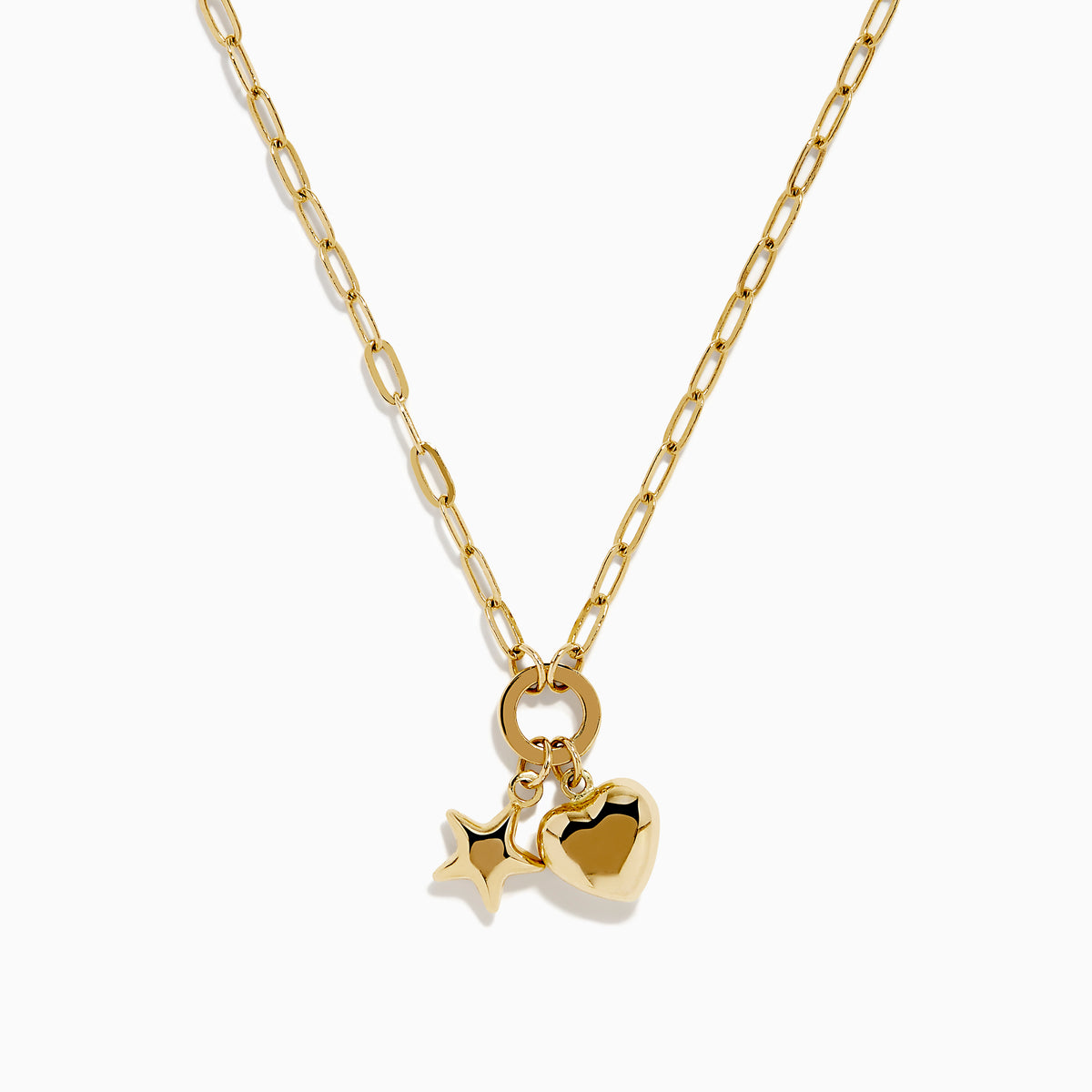 The 14K Yellow Gold Heart and Star Charm Pendant on Paperclip Necklace features elongated links and unique charms, shown on a plain white background.