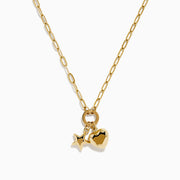 The 14K Yellow Gold Heart and Star Charm Pendant on Paperclip Necklace features elongated links and unique charms, shown on a plain white background.