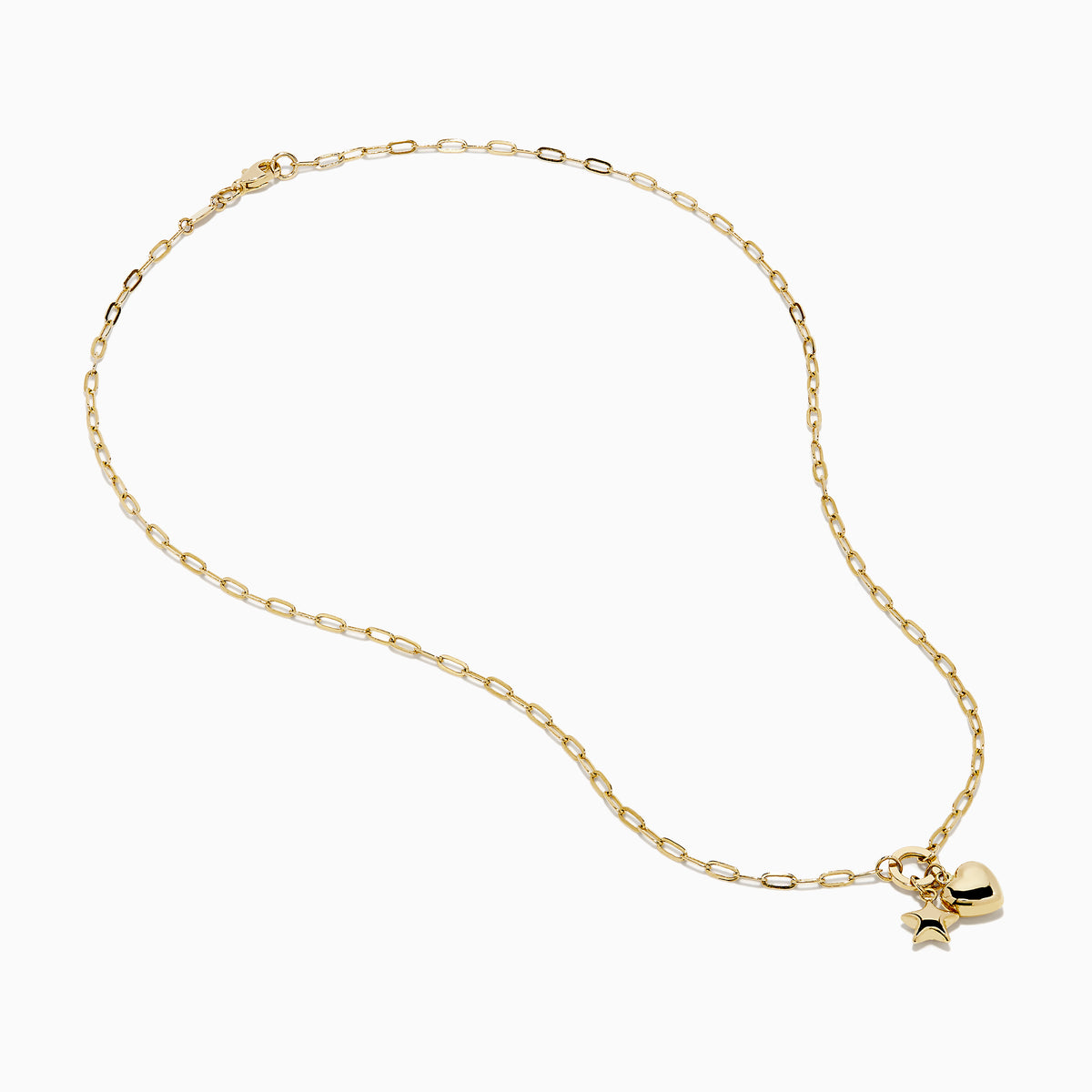 The 14K Yellow Gold Heart and Star Charm Pendant on Paperclip Necklace features elongated links and unique charms, shown on a plain white background.