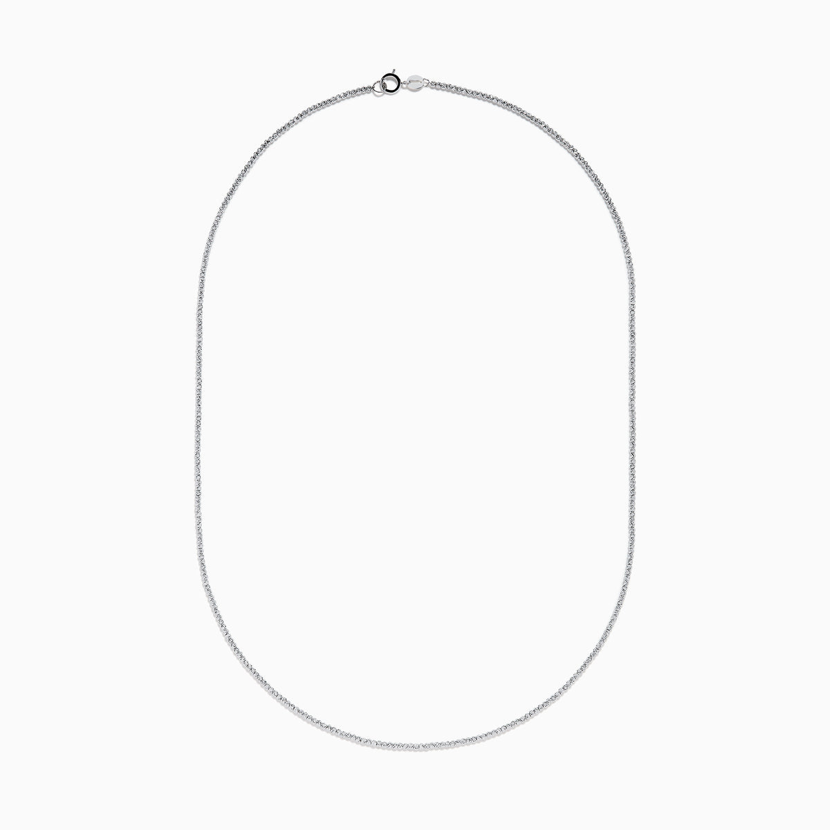 The 14K White Gold Bead Necklace is displayed on a white background, its delicate form creating a graceful curve.