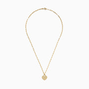 The 14K Yellow Gold Heart on a Paperclip Chain Necklace features an elongated chain and a flat heart pendant, elegantly displayed on a white background.