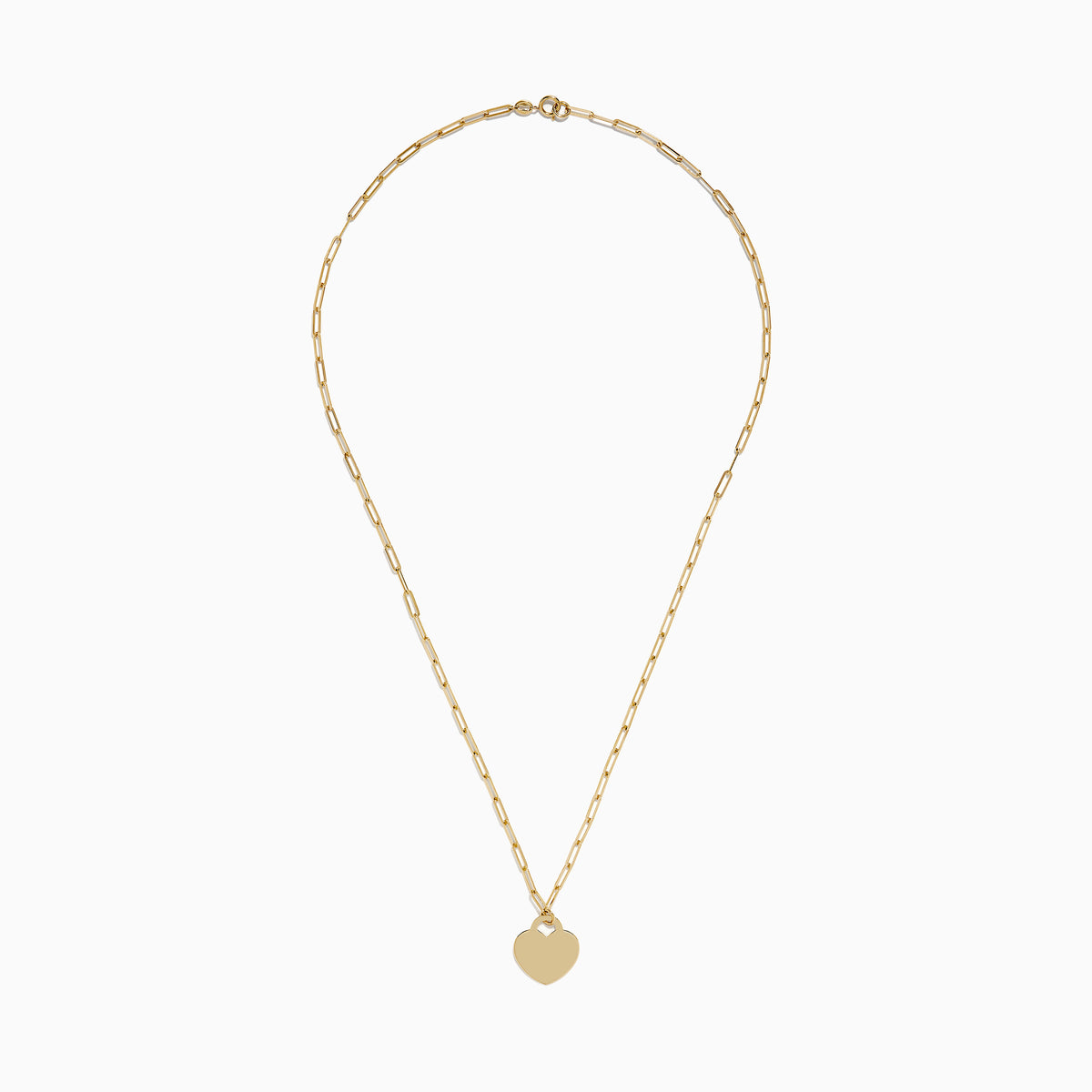 The 14K Yellow Gold Heart on a Paperclip Chain Necklace features an elongated chain and a flat heart pendant, elegantly displayed on a white background.