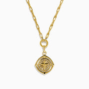 The 14K Yellow Gold Cross Pendant Chain Necklace features elongated oval links and an eye-shaped pendant with a raised central cross and a polished, shiny finish.