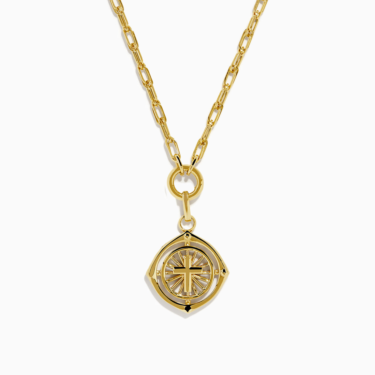 The 14K Yellow Gold Cross Pendant Chain Necklace features elongated oval links and an eye-shaped pendant with a raised central cross and a polished, shiny finish.