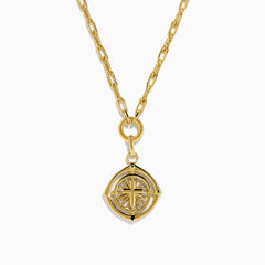 The 14K Yellow Gold Cross Pendant Chain Necklace features elongated oval links and an eye-shaped pendant with a raised central cross and a polished, shiny finish.