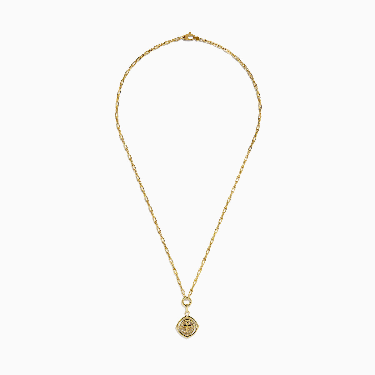 The 14K Yellow Gold Cross Pendant Chain Necklace features elongated oval links and an eye-shaped pendant with a raised central cross and a polished, shiny finish.