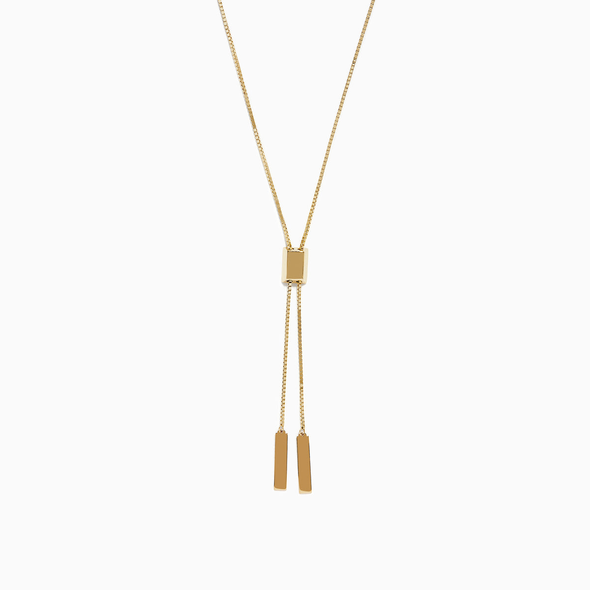 The 14K Yellow Gold Lariat Box Chain Necklace showcases a box-shaped slider at the center and two slender rectangular pendants on adjustable chains, all set against a plain white background.