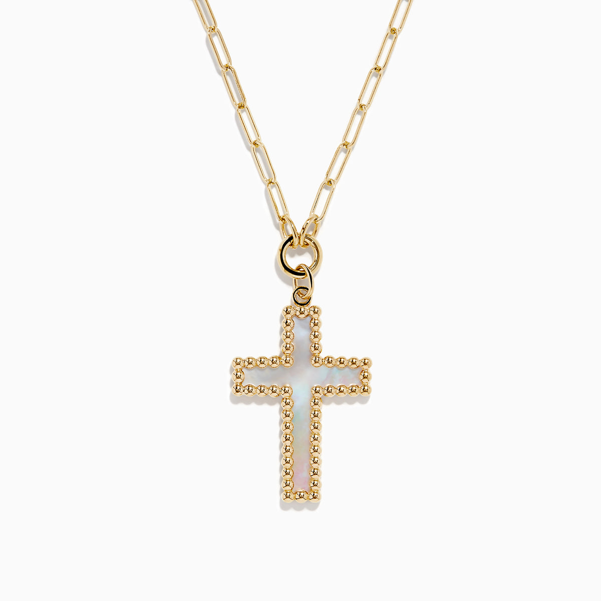 A 14K Yellow Gold Mother of Pearl Cross Pendant necklace featuring a cross outlined by small gold beads, displayed on a white background.